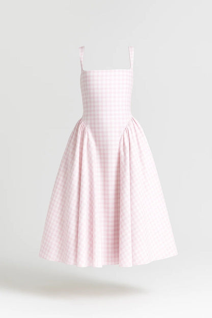Da Donna Abito Midi Stampato con Scollo Quadrato e Gonna Ampia