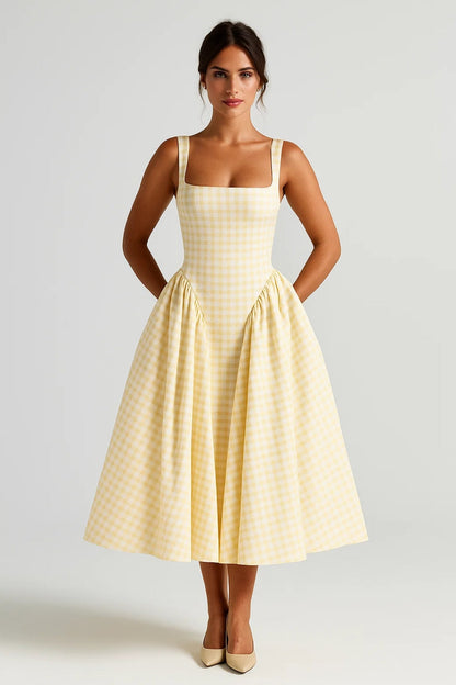 Da Donna Abito Midi Stampato con Scollo Quadrato e Gonna Ampia