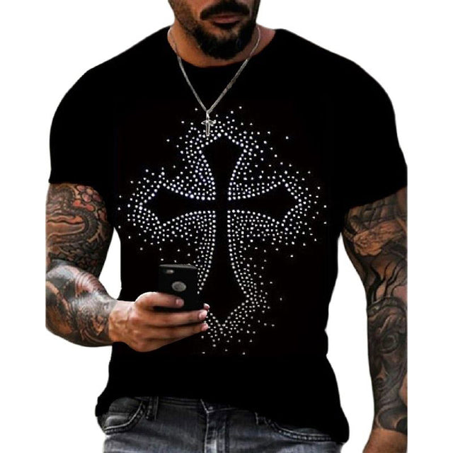 Men's T-Shirt with Cross Graphic and Rhinestones Modern Urban