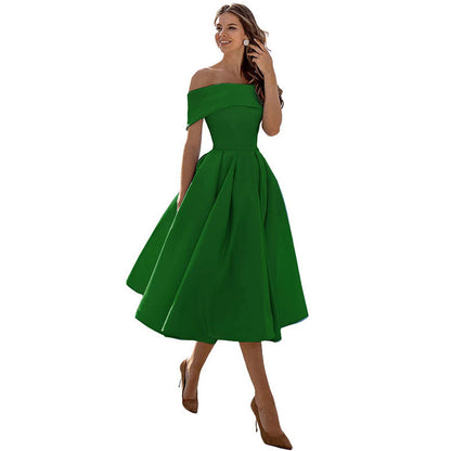 Da Donna Abito Midi Plissettato con Spalle Scoperte Silhouette a Trapezio