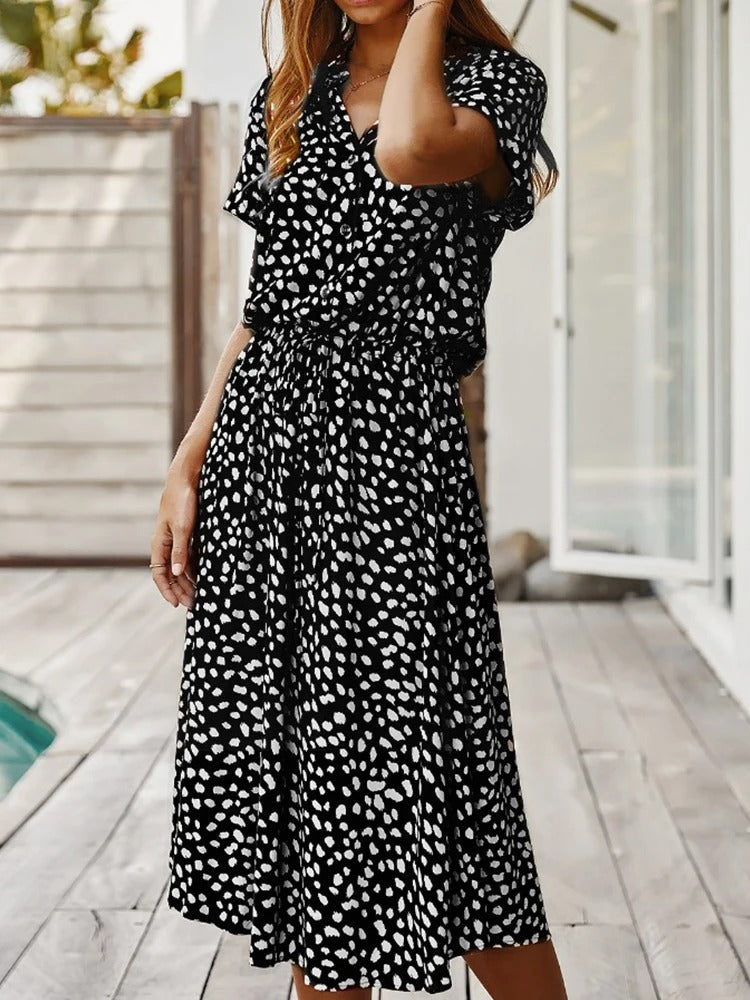 Women's Modern Casual Printed Midi Dress with Adjustable Belt