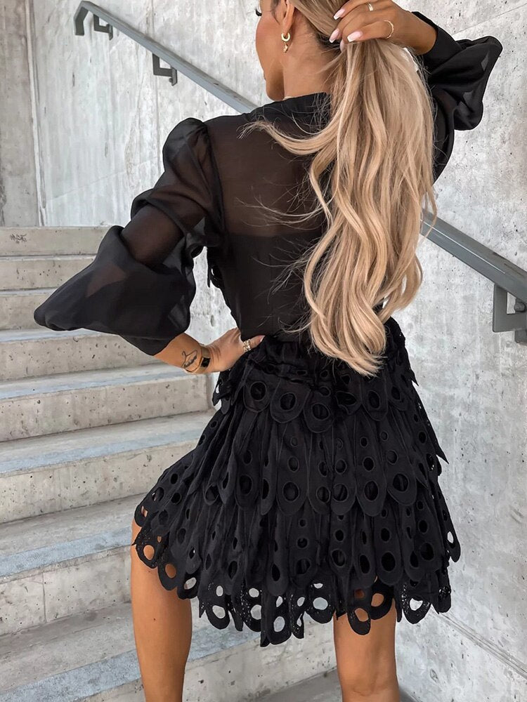 Women's Mini Dress with Cutouts and Sheer Sleeves Modern Elegance