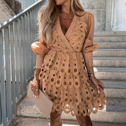 Women's Mini Dress with Cutouts and Sheer Sleeves Modern Elegance