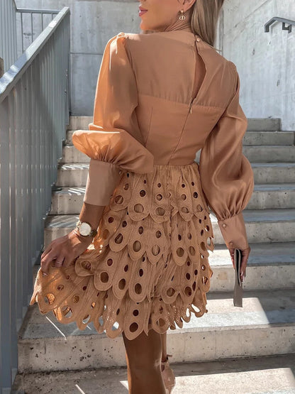 Women's Mini Dress with Cutouts and Sheer Sleeves Modern Elegance