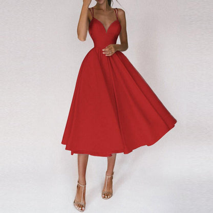 Women's Structured Midi Dress with Wide Fluid Skirt