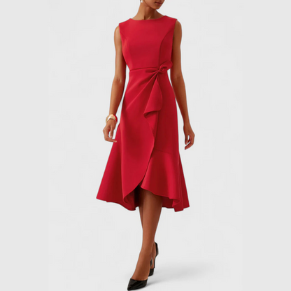 Women's Midi Dress with Asymmetric Draping Modern Elegance