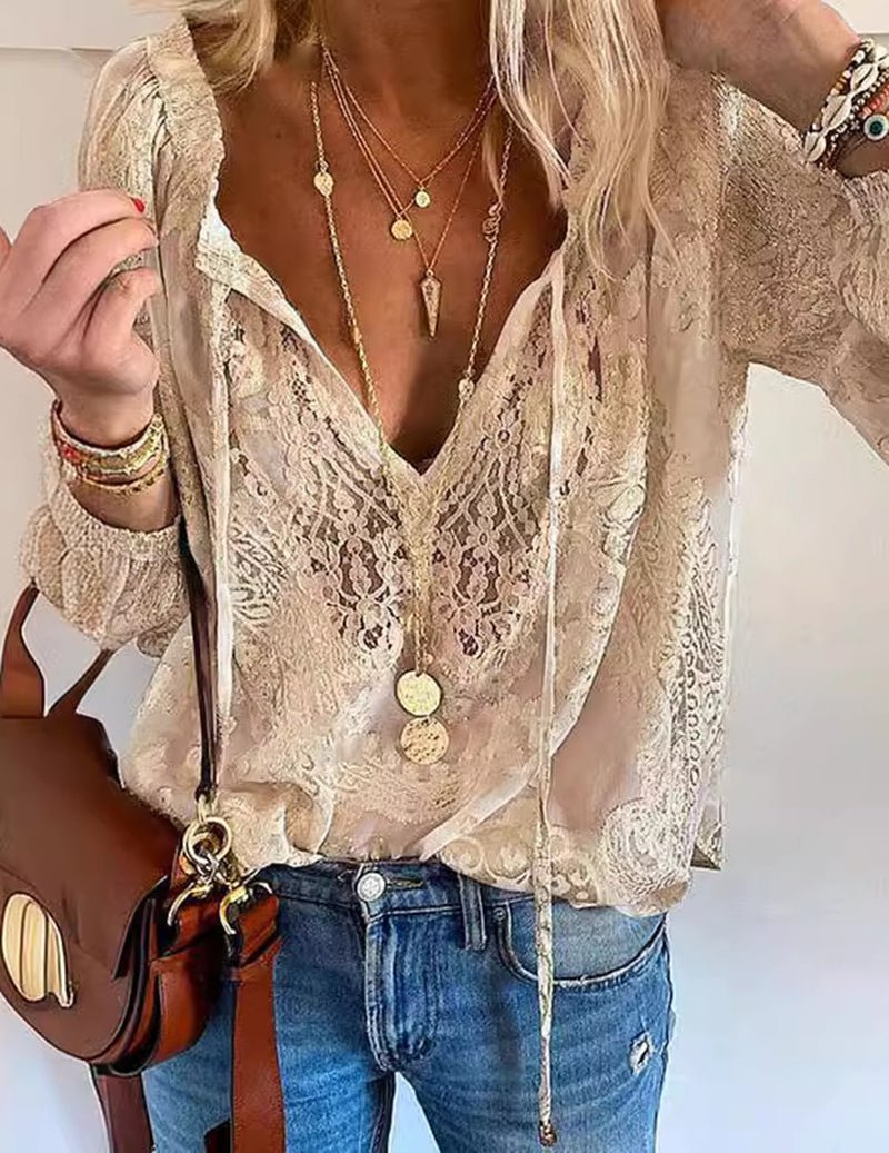 Da Donna Blusa in Pizzo Trasparente con Scollatura con Nodo Frontale