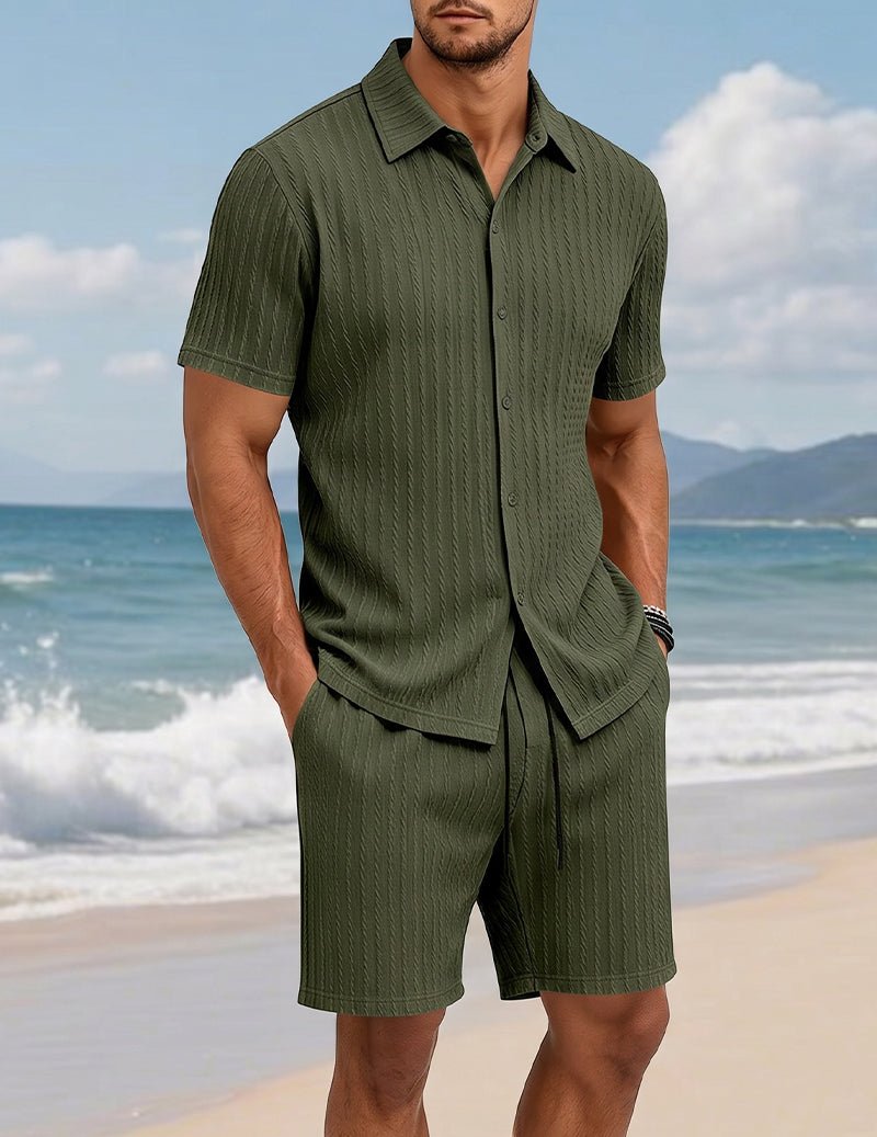 Da Uomo Set Camicia e Shorts Testurizzato con Dettaglio con Bottoni