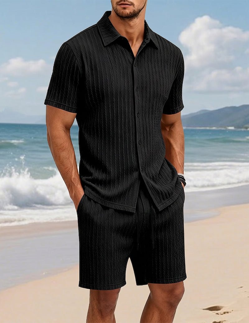 Da Uomo Set Camicia e Shorts Testurizzato con Dettaglio con Bottoni