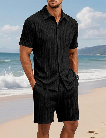 Da Uomo Set Camicia e Shorts Testurizzato con Dettaglio con Bottoni