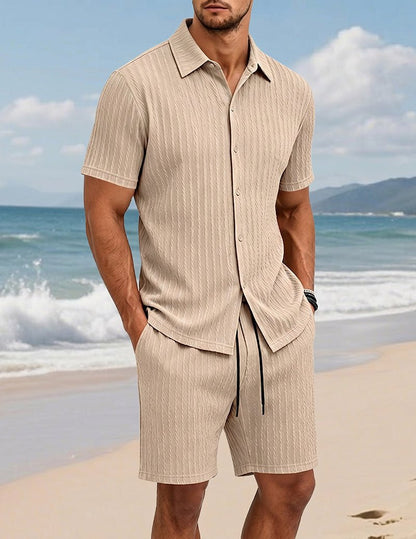 Da Uomo Set Camicia e Shorts Testurizzato con Dettaglio con Bottoni