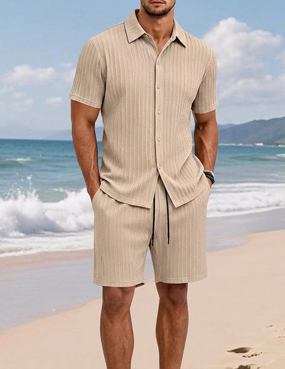 Da Uomo Set Camicia e Shorts Testurizzato con Dettaglio con Bottoni