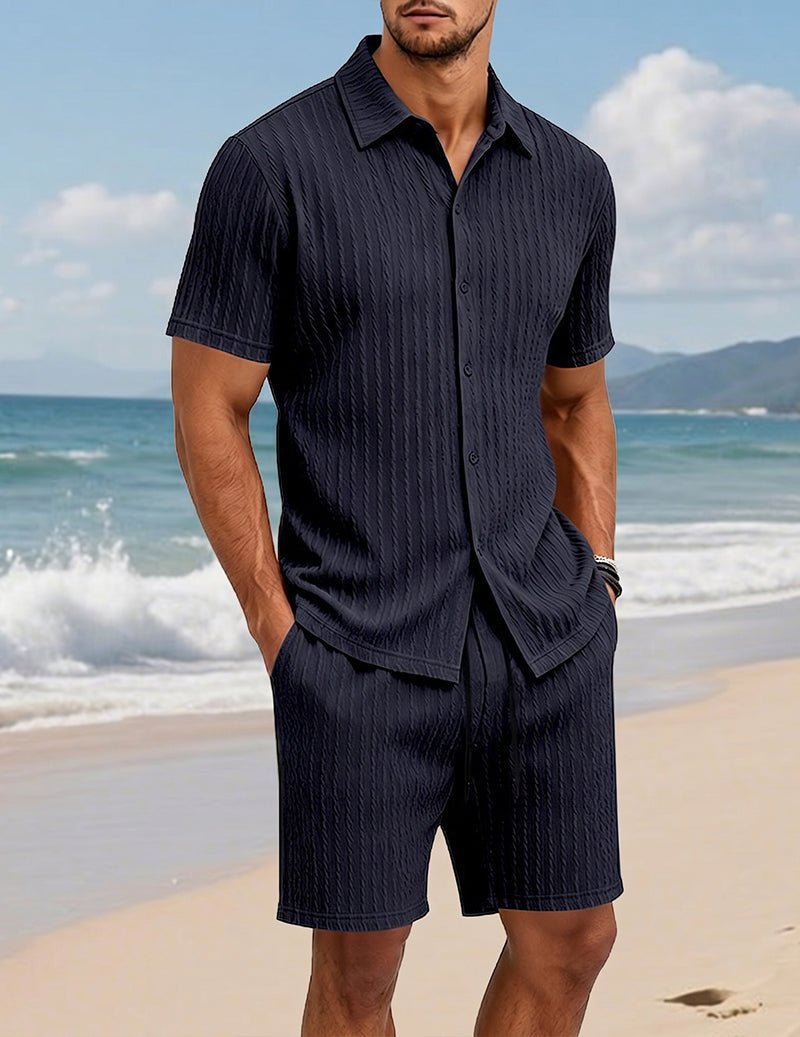 Da Uomo Set Camicia e Shorts Testurizzato con Dettaglio con Bottoni