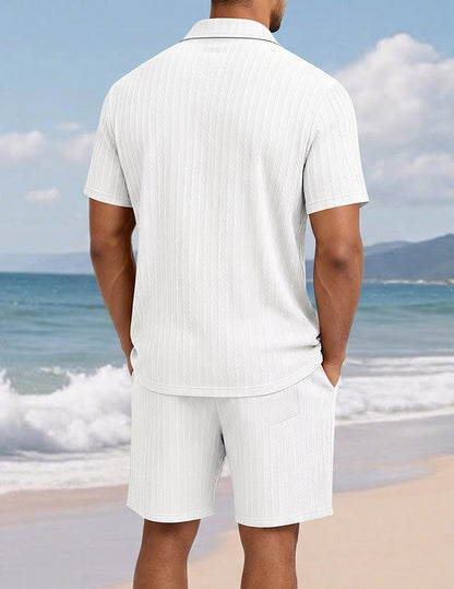 Da Uomo Set Camicia e Shorts Testurizzato con Dettaglio con Bottoni