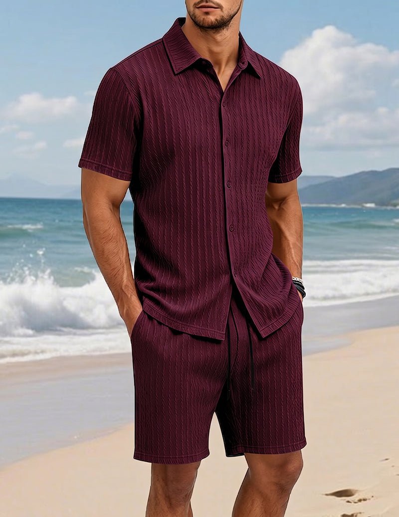 Da Uomo Set Camicia e Shorts Testurizzato con Dettaglio con Bottoni