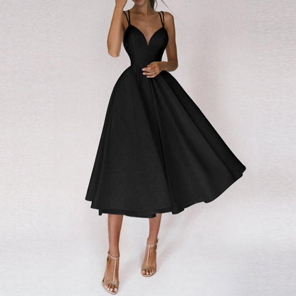 Women's Modern Elegant Midi Flared Dress with Thin Straps