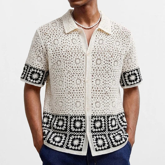 Da Uomo Camicia all'Uncinetto in Maglia Aperta Top Resort a Maniche Corte