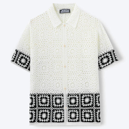 Da Uomo Camicia all'Uncinetto in Maglia Aperta Top Resort a Maniche Corte