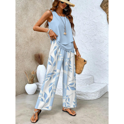 Da Donna Completo Stampato Smanicato con Pantaloni Ampi