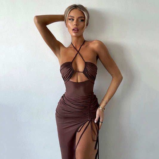 Da Donna Abito Maxi Scollo Halter Arricciato Cut-Out Spacco