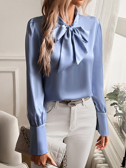 Da Donna Blusa in Raso Fiocco al Collo Maniche Statement
