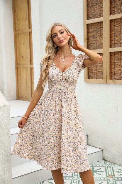 Women's Midi Dress Printed Pattern Ruched Waist Relaxed Modern