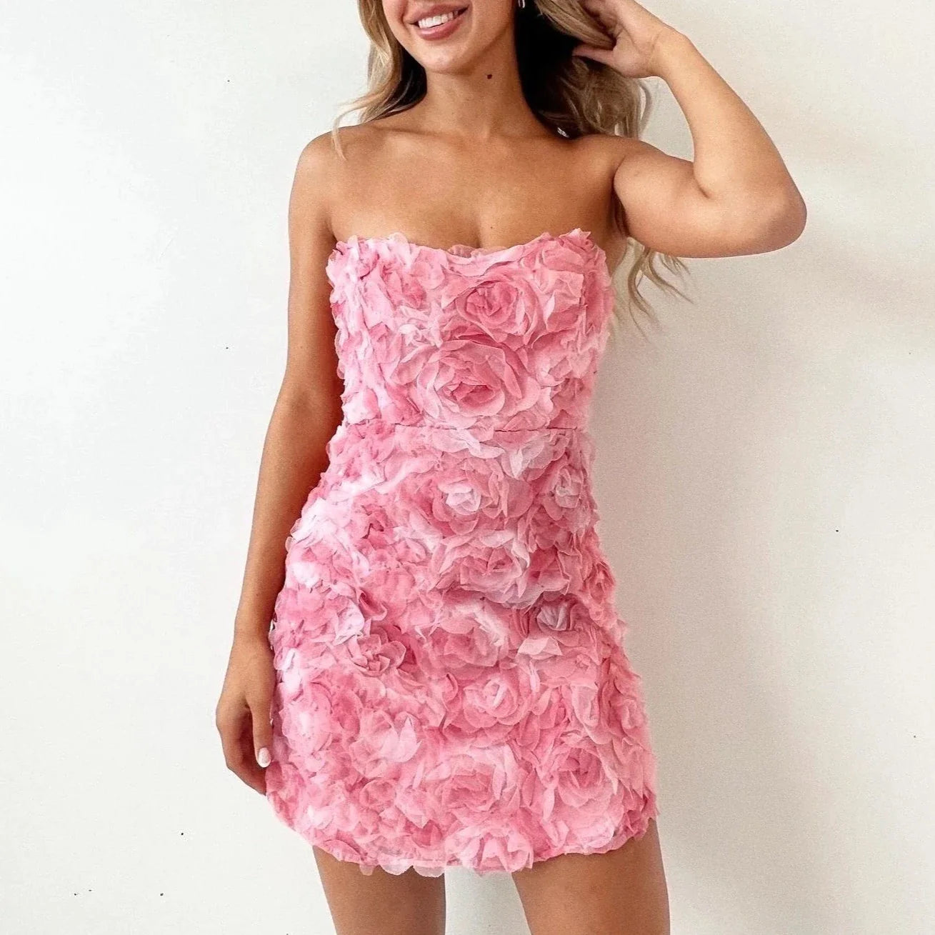Da Donna Abito Mini Senza Spalline con Texture Appliqué Floreale