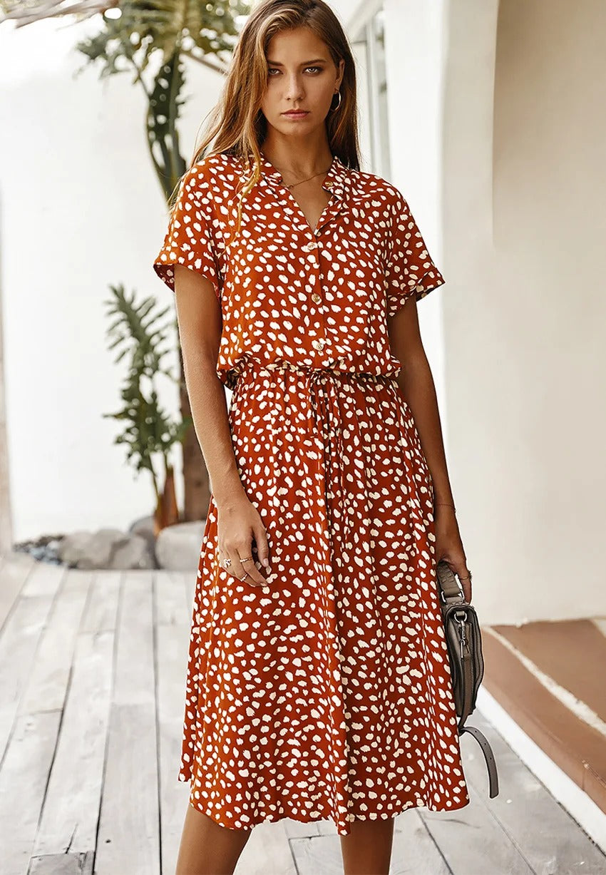 Women's Modern Casual Printed Midi Dress with Adjustable Belt