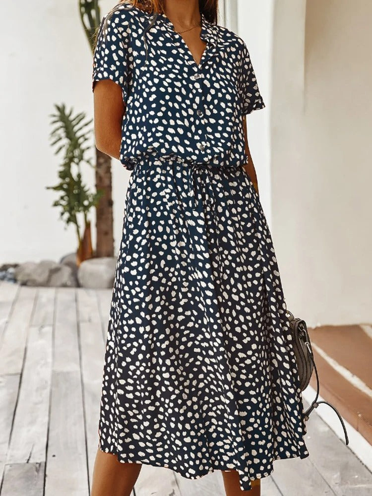 Women's Modern Casual Printed Midi Dress with Adjustable Belt