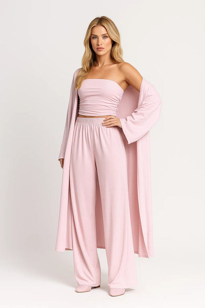 Da Donna Completo Tre Pezzi Fascia Cardigan Pantaloni Ampi
