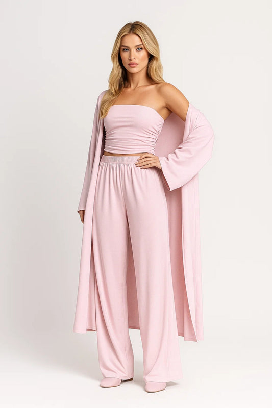 Da Donna Completo Tre Pezzi Fascia Cardigan Pantaloni Ampi