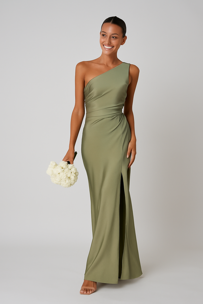 Women's One-Shoulder Maxi Dress with High Slit Sculpted Silhouette