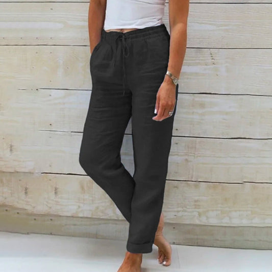 Da Donna Pantaloni in Lino con Coulisse Stile Relax Estivo Leggero