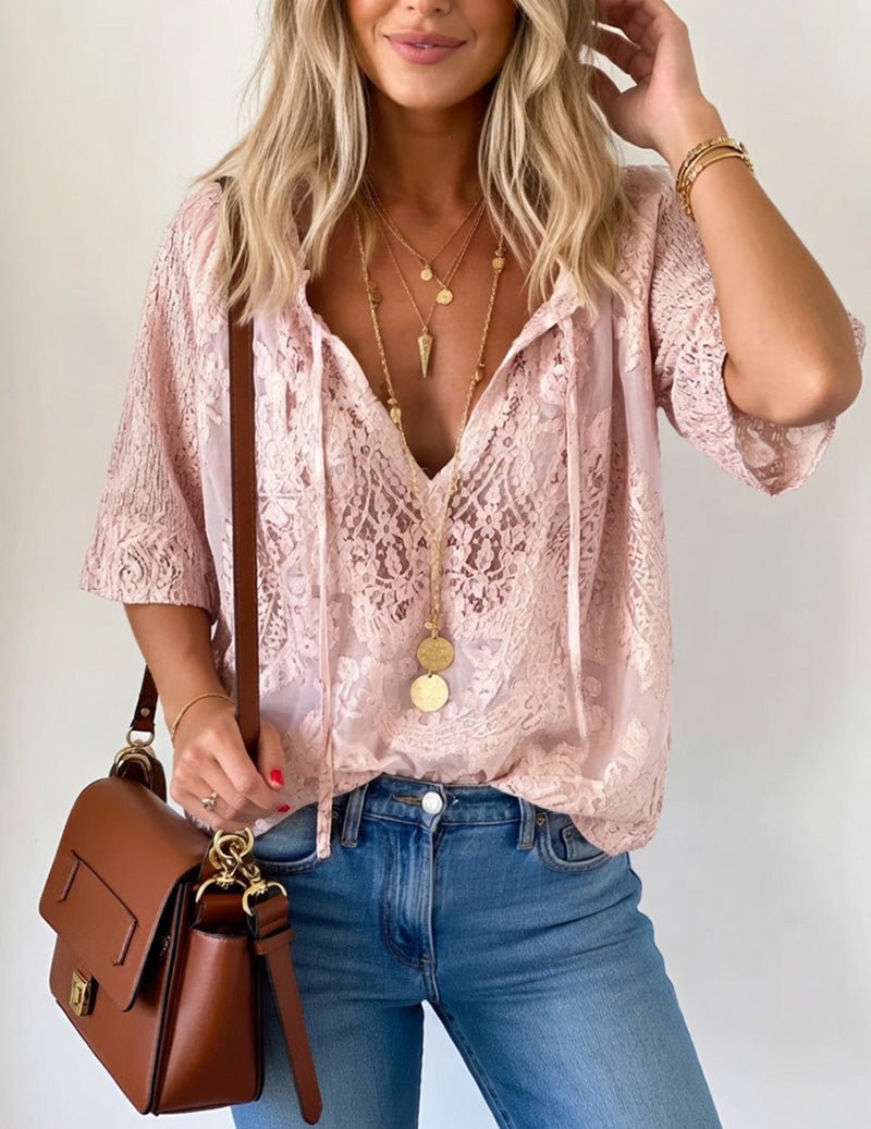 Da Donna Blusa in Pizzo Trasparente con Scollatura con Nodo Frontale