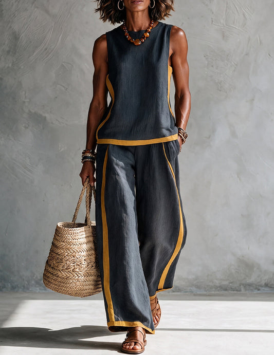 Da Donna Set Outfit Senza Maniche con Bordo a Contrasto e Pantaloni a Gamba Larga
