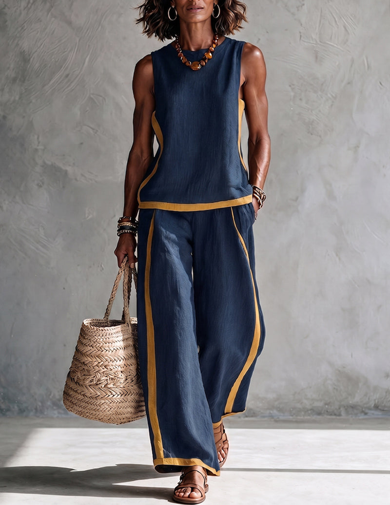 Da Donna Set Outfit Senza Maniche con Bordo a Contrasto e Pantaloni a Gamba Larga