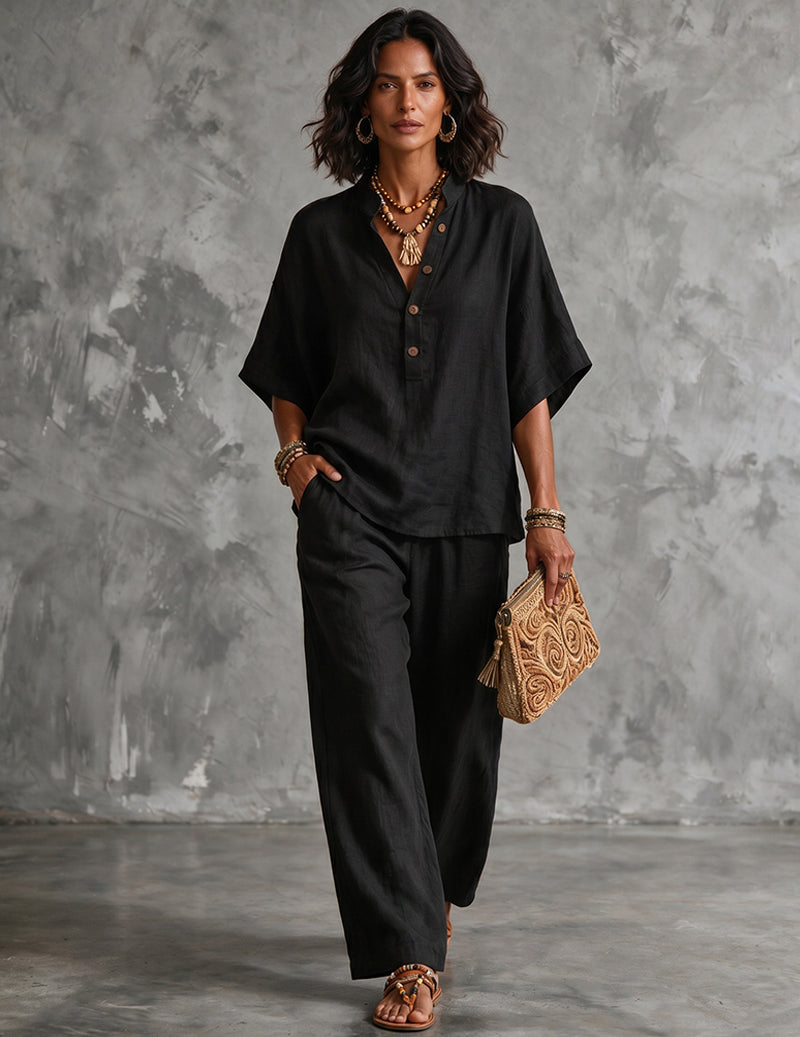 Da Donna Set in Lino con Top a Maniche a Pipistrello e Pantaloni