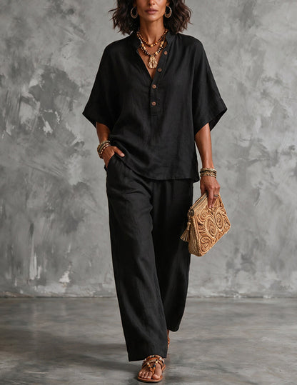 Da Donna Set in Lino con Top a Maniche a Pipistrello e Pantaloni