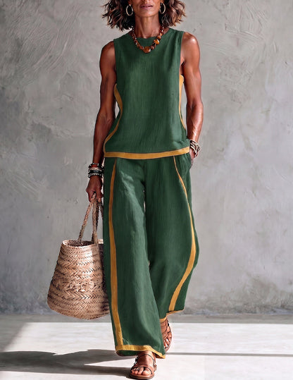 Da Donna Set Outfit Senza Maniche con Bordo a Contrasto e Pantaloni a Gamba Larga