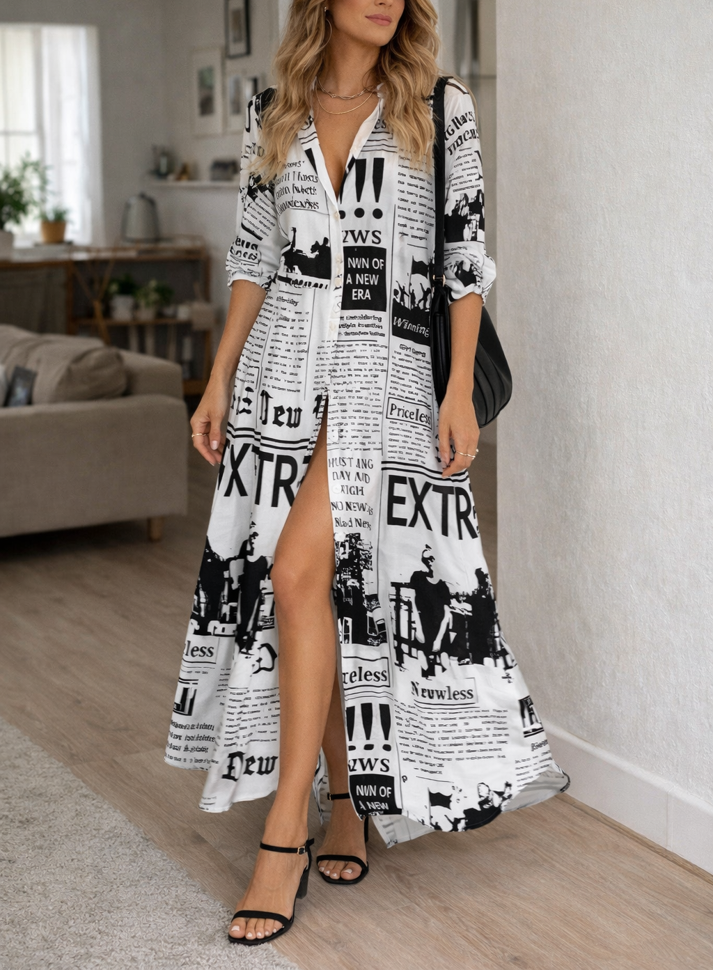 Da Donna Abito Camicia Maxi Stampato con Apertura Frontale