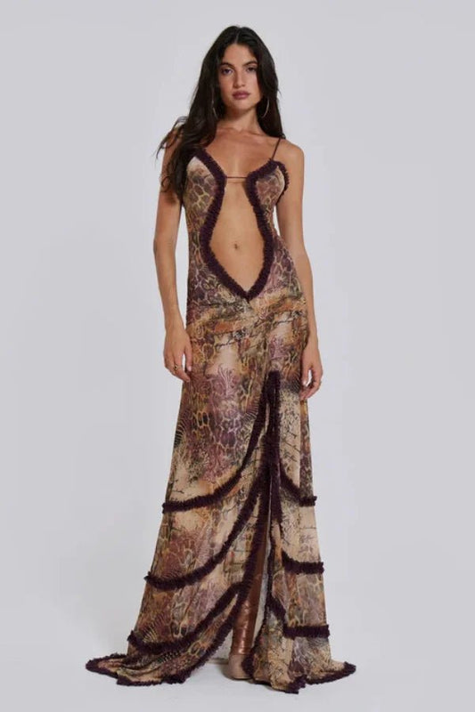 Da Donna Abito Maxi da Sera in Mesh Stampato Cut-Out