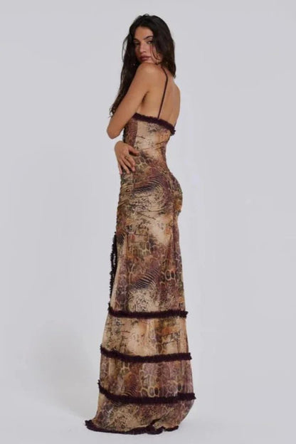Da Donna Abito Maxi da Sera in Mesh Stampato Cut-Out