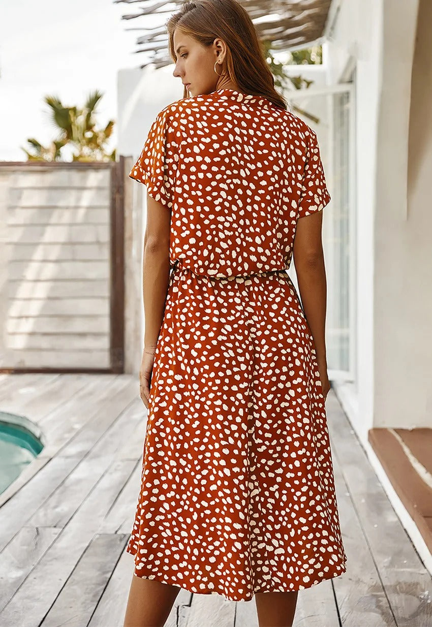Women's Modern Casual Printed Midi Dress with Adjustable Belt