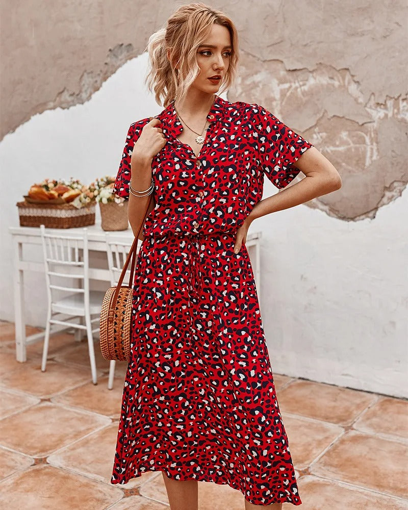Women's Modern Casual Printed Midi Dress with Adjustable Belt