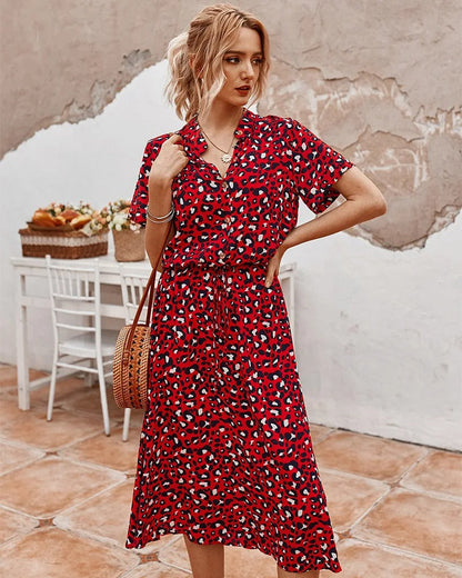 Women's Modern Casual Printed Midi Dress with Adjustable Belt