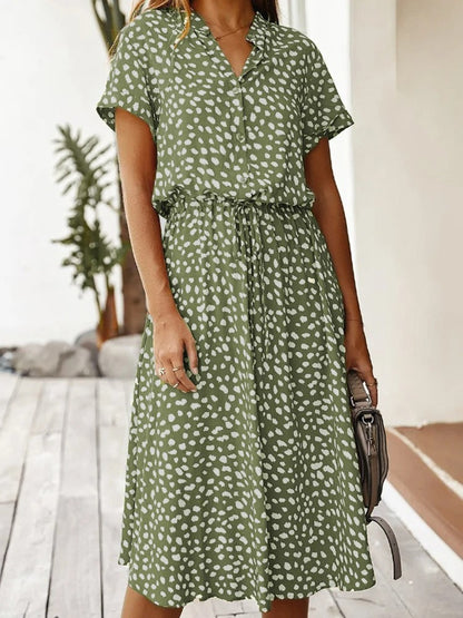 Women's Modern Casual Printed Midi Dress with Adjustable Belt