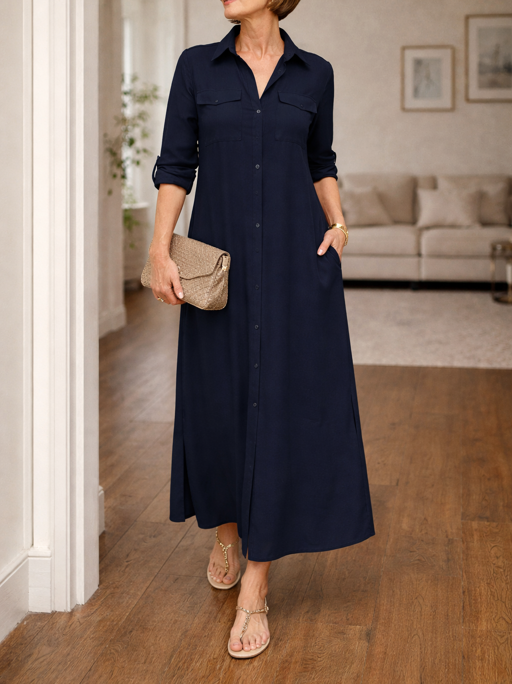 Da Donna Abito Camicia Maxi con Bottoni Frontali