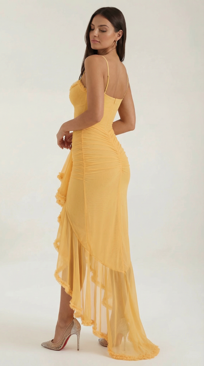Da Donna Abito Maxi Arricciato Volant Scollo a Cuore Spalline da Sera