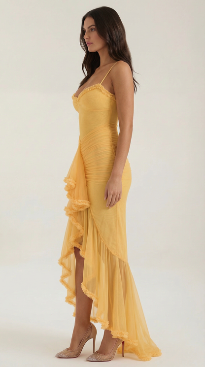 Da Donna Abito Maxi Arricciato Volant Scollo a Cuore Spalline da Sera