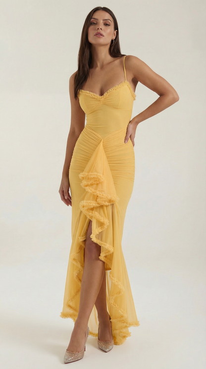 Da Donna Abito Maxi Arricciato Volant Scollo a Cuore Spalline da Sera